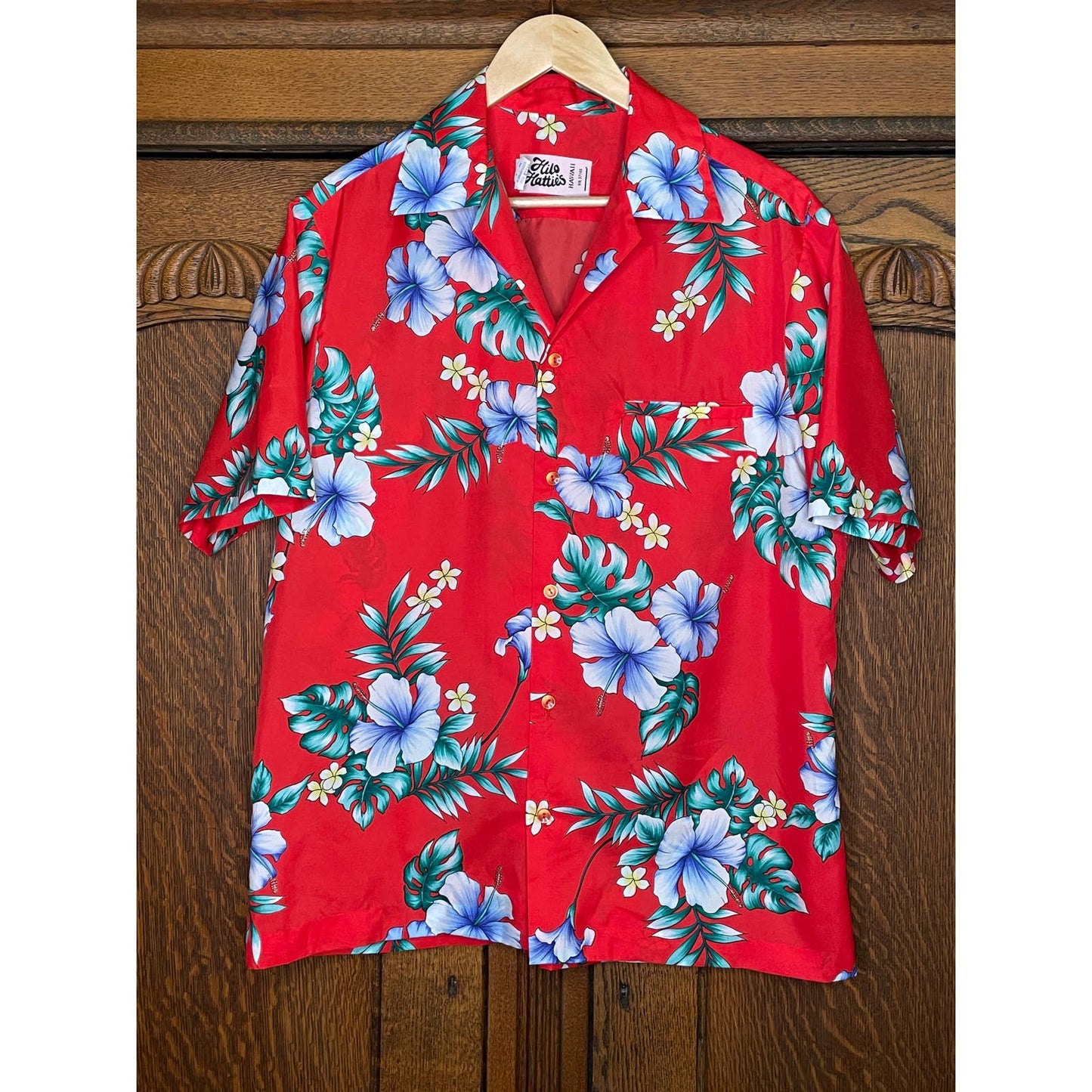 Vtg Hilo Hattie’s Hawaiian Shirt Red Hibiscus Floral L 1970s Made in USA