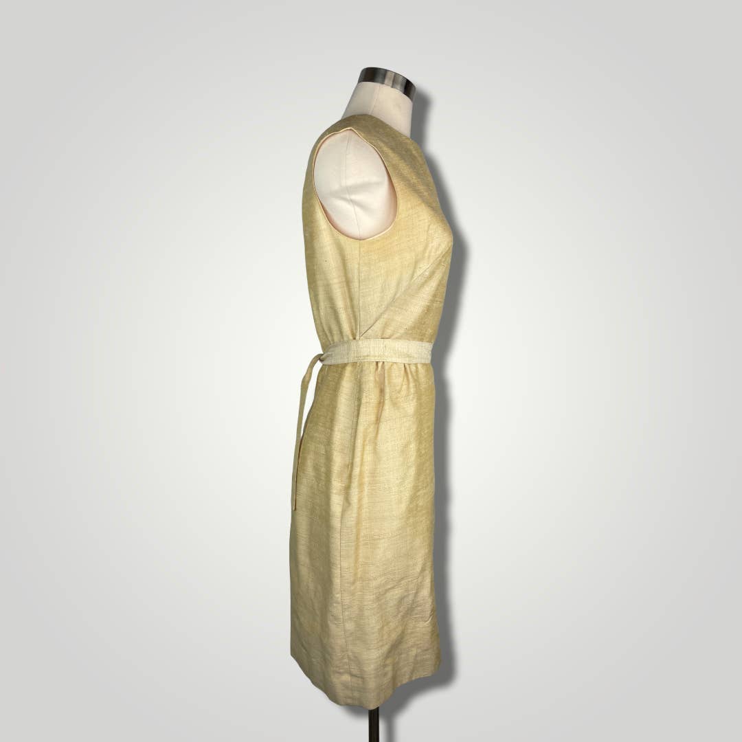 Vintage 1950s Sheath Dress Cream Yellow Tussah Silk Hand Loomed Size 4 B105