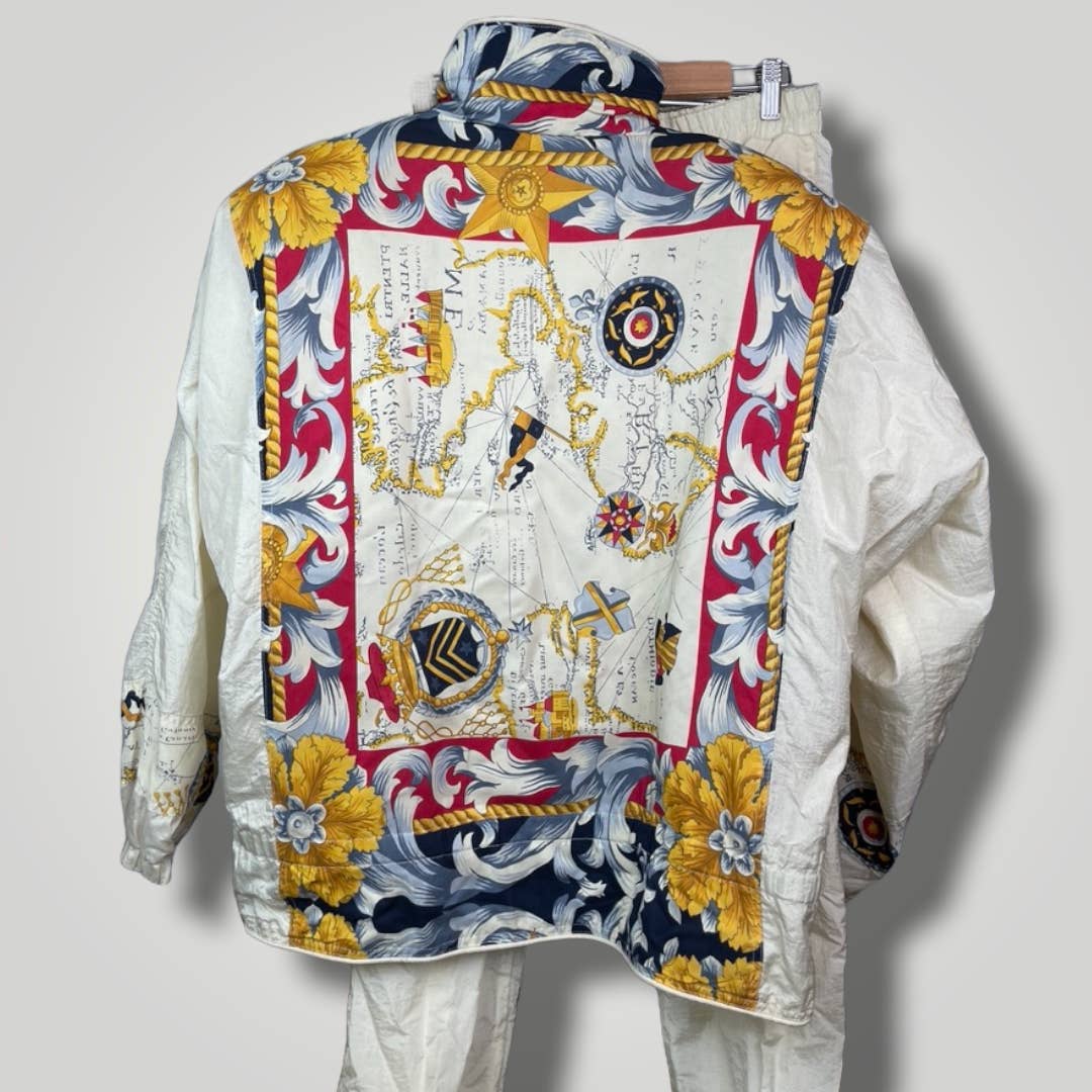 Vintage 90s East West Windbreaker Set Jacket Compass Rope Map White Pants B1014