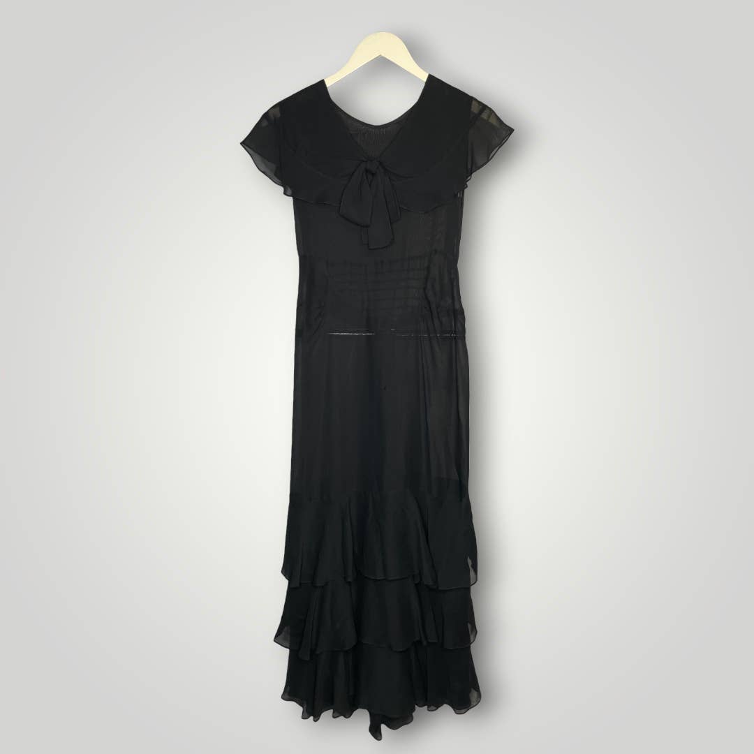 Vintage Antique 1920s Dress Sheer Ruffled Sailor Collar Black Overlay Small Fishtail