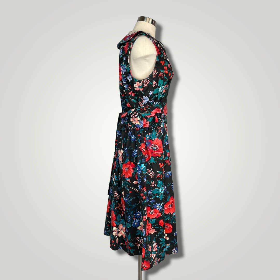 Vintage 1980s Midi Dress Dramatic Floral Lace Collar Sleeveless Red Black A1022