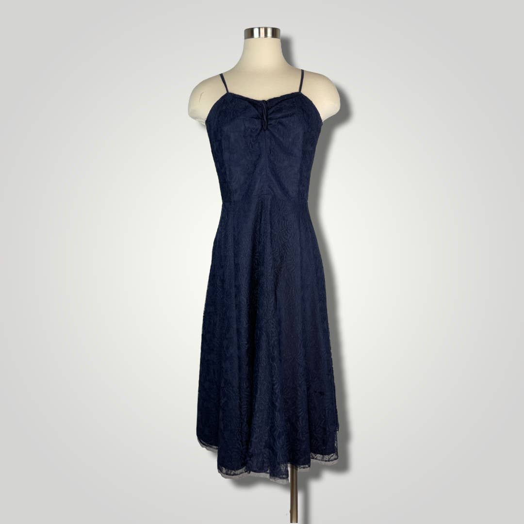 Vintage 1950s Party Dress A Norman Original Med Navy Blue Sleeveless Lace b110