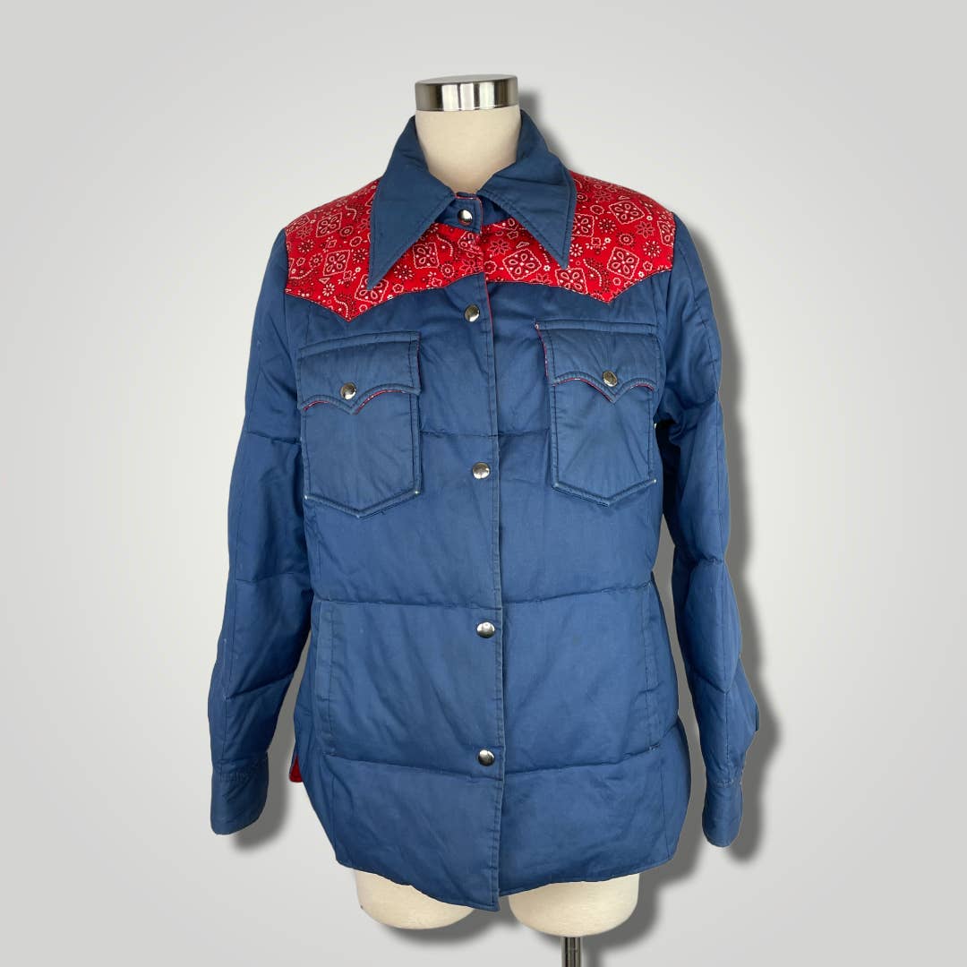 Vintage 1980s Blue Red Bandana Coat Down Puffer Dagger Collar Snap Vtg tjc110
