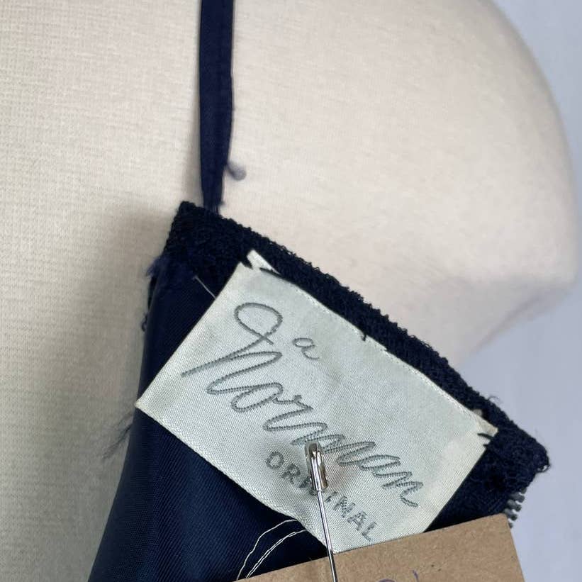 Vintage 1950s Party Dress A Norman Original Med Navy Blue Sleeveless Lace b110