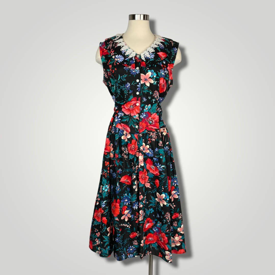 Vintage 1980s Midi Dress Dramatic Floral Lace Collar Sleeveless Red Black A1022