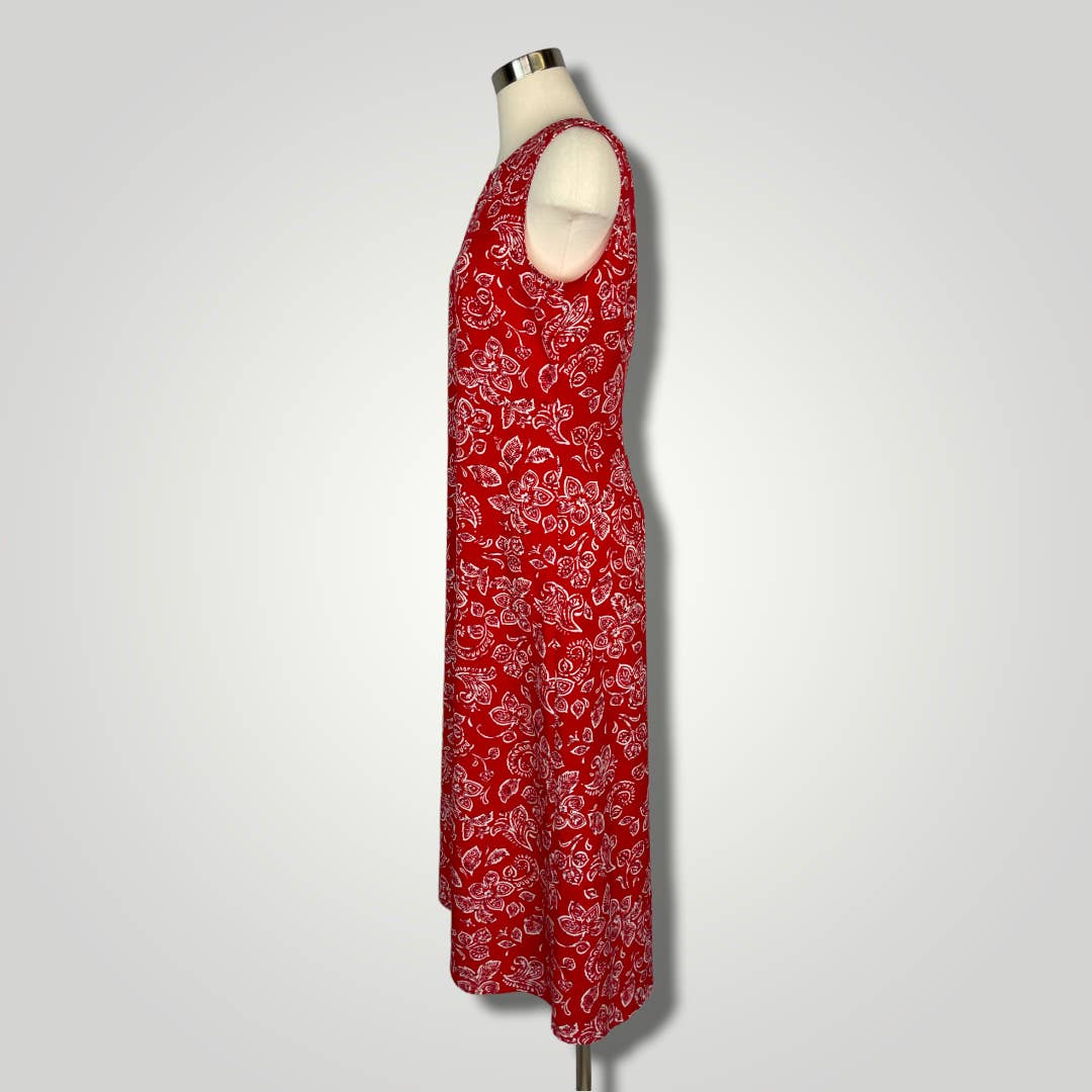 Vintage 1990s Kathie Lee Bandanna Dress Red White Sleeveless Med Midi A1017