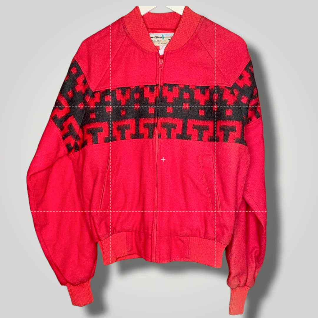 Vtg Saddlesmith Outfitters Wool Raglan Sleeve Jacket Red Black Pattern XL