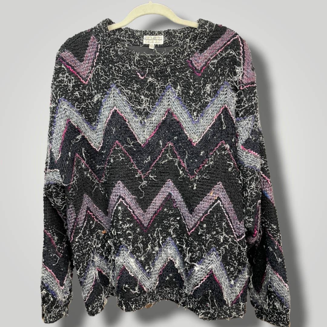 Vintage 80s Textured Zig Zag Black Pink Chenille Rodger Thornton L B1019