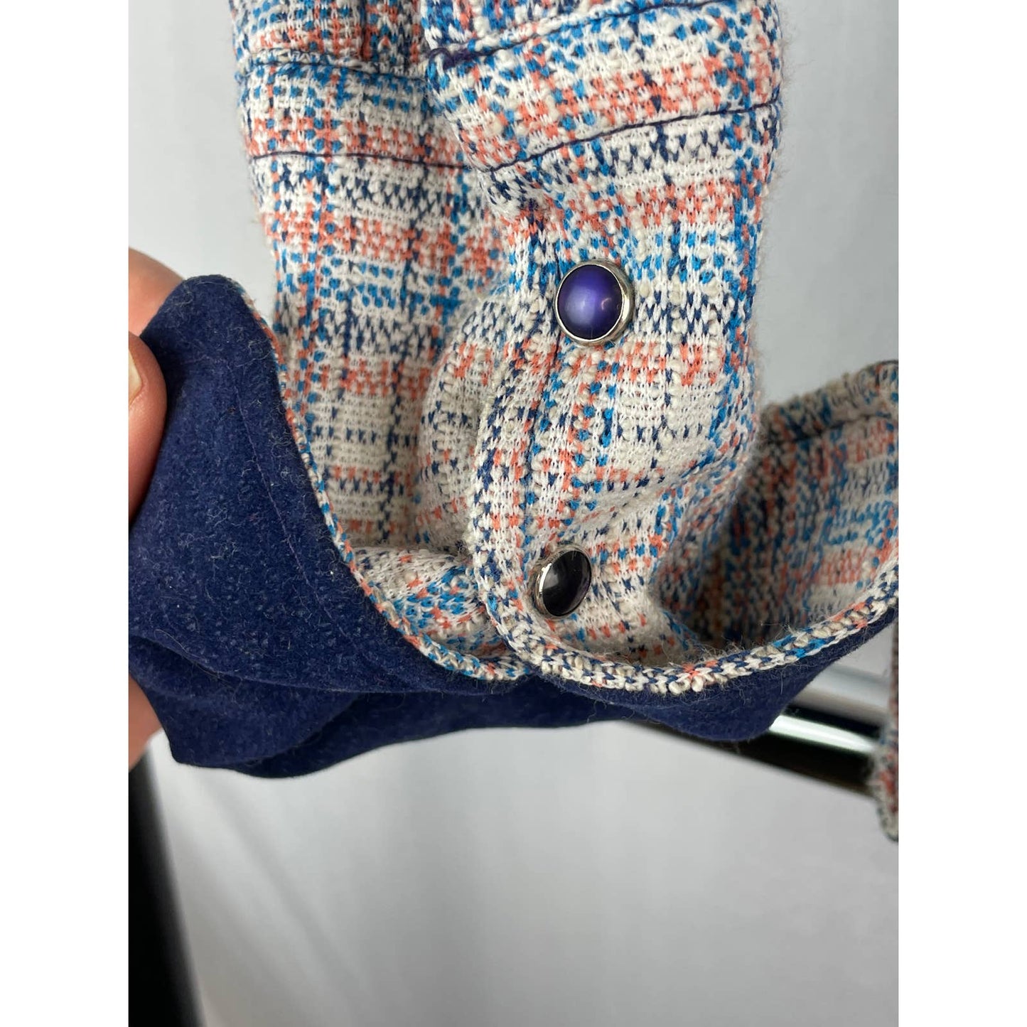 Vintage Poly Cotton Knit Western Pearl Snap Shacket Blue Velvet Suede B118