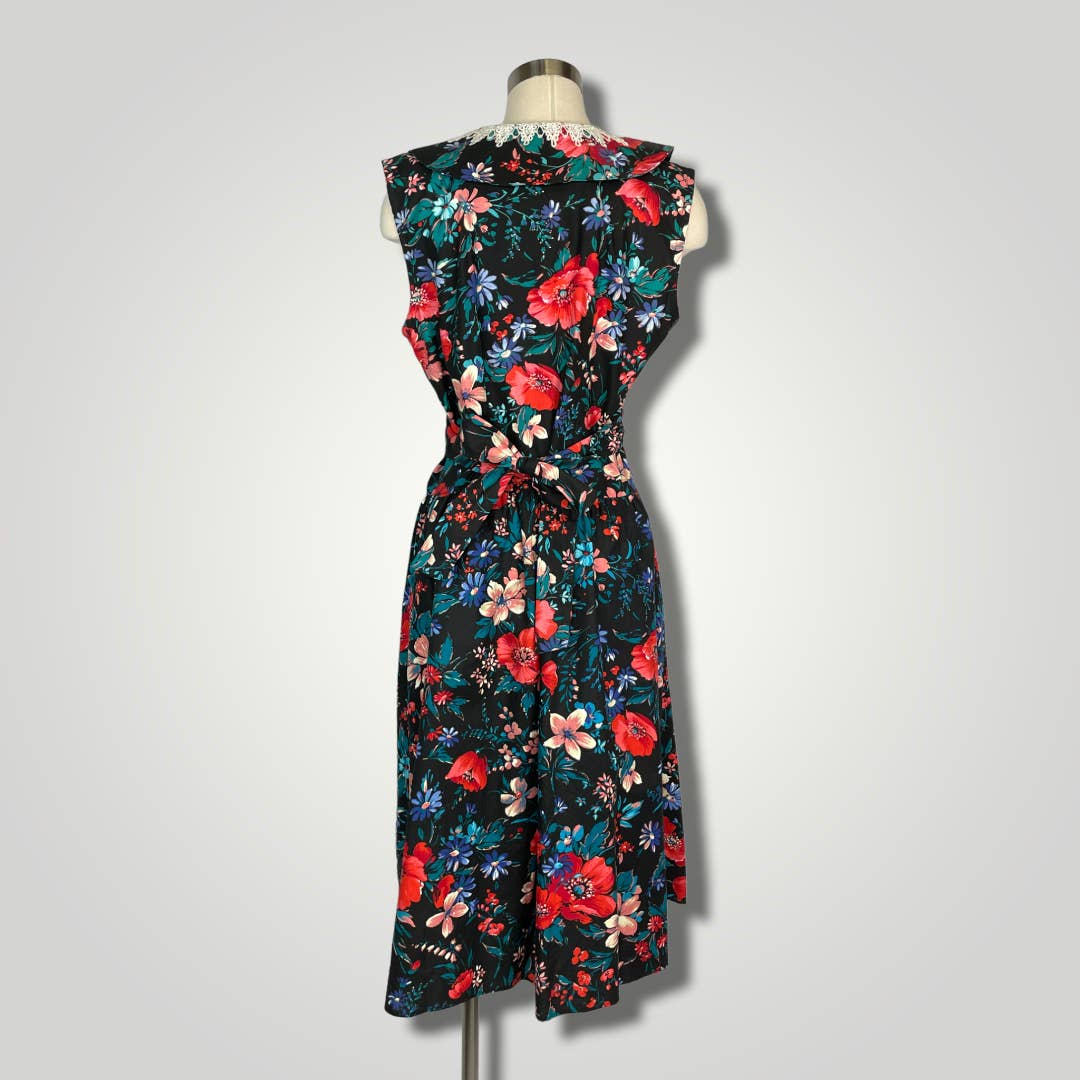 Vintage 1980s Midi Dress Dramatic Floral Lace Collar Sleeveless Red Black A1022