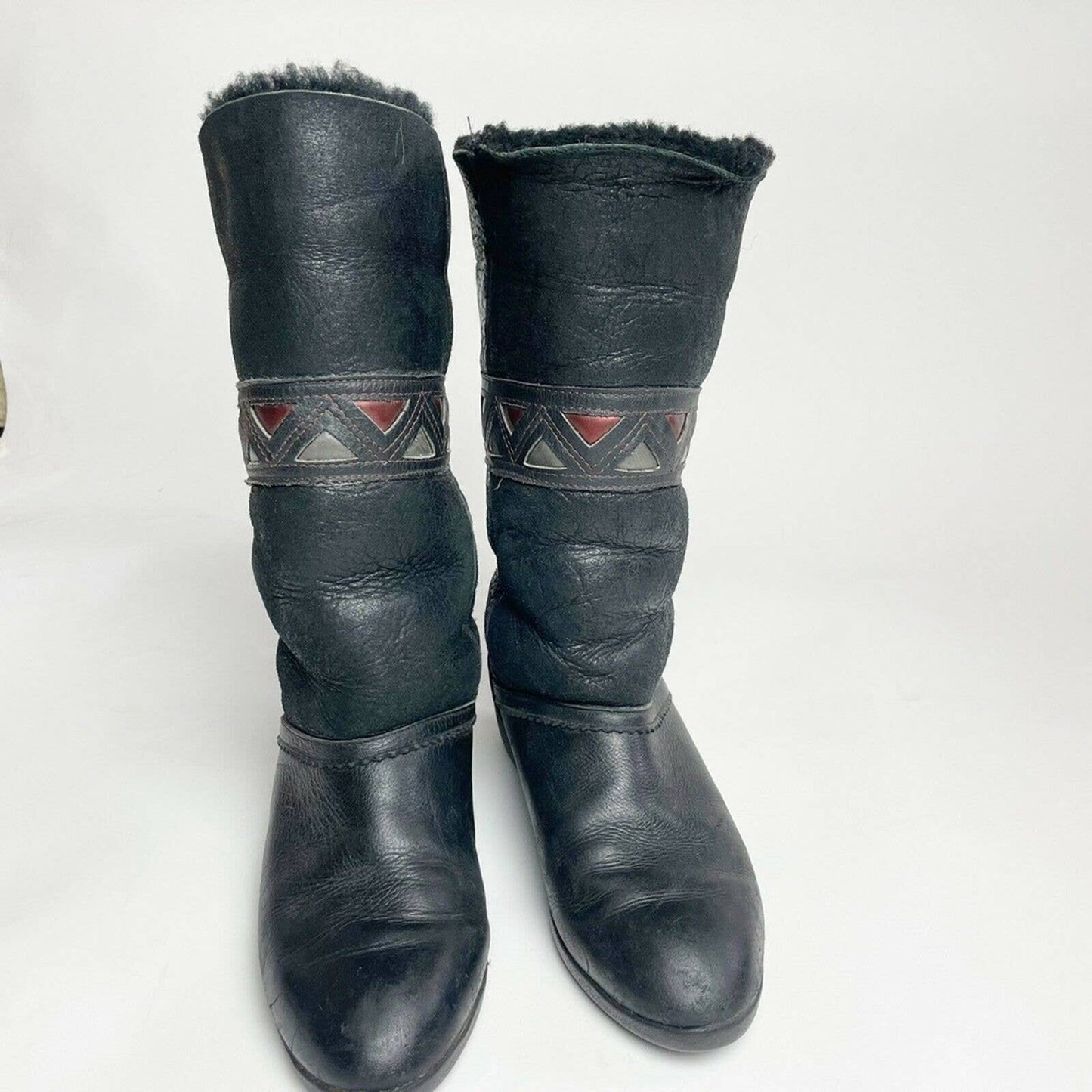 Vintage Sorel Sheepskin Boots Black 1980s Geometric Contrast Triangle 8.5