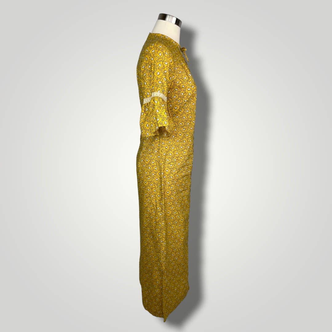 Vintage Dress 1960s Frill Sleeve Kaftan Gold Yellow Maxi Floral Cotton A1013