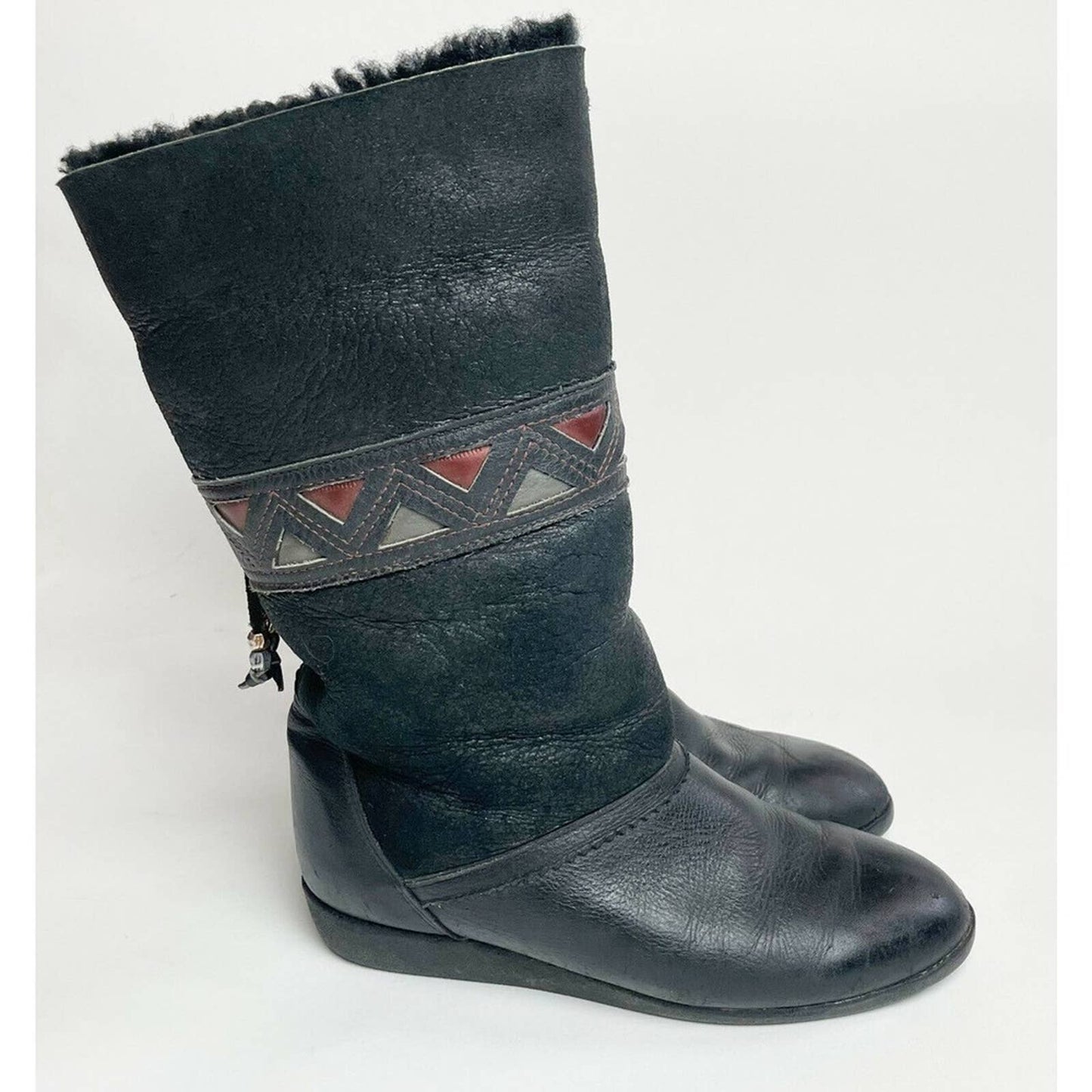 Vintage Sorel Sheepskin Boots Black 1980s Geometric Contrast Triangle 8.5