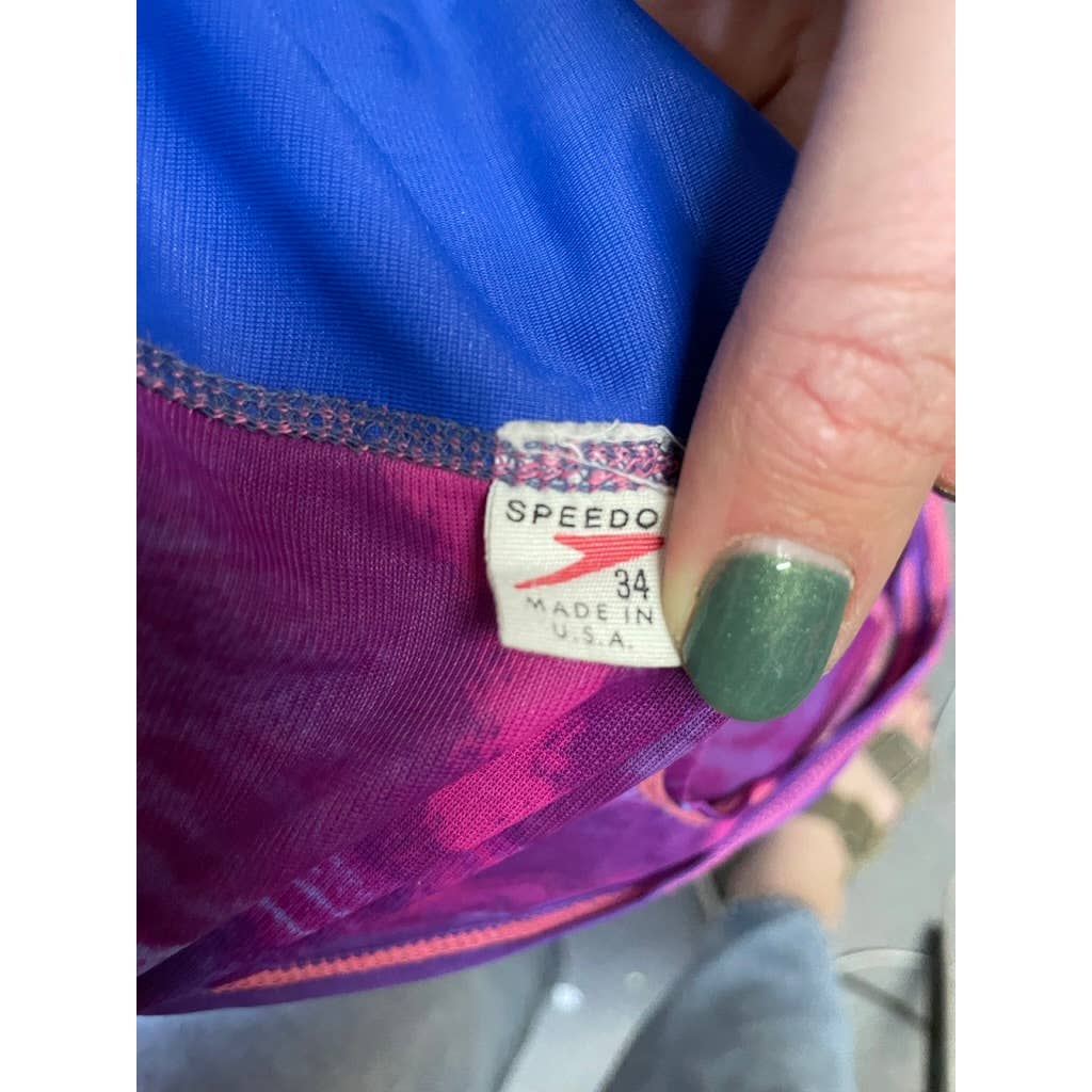 Vintage 1960s Swimsuit Speedo Front Skirt Small 34 Purple Pink Low Cut F Swimwear