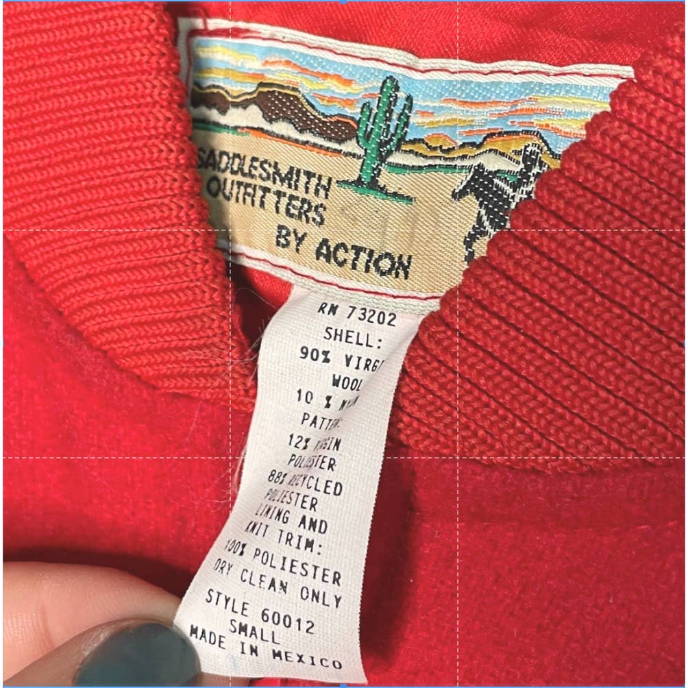 Vtg Saddlesmith Outfitters Wool Raglan Sleeve Jacket Red Black Pattern XL