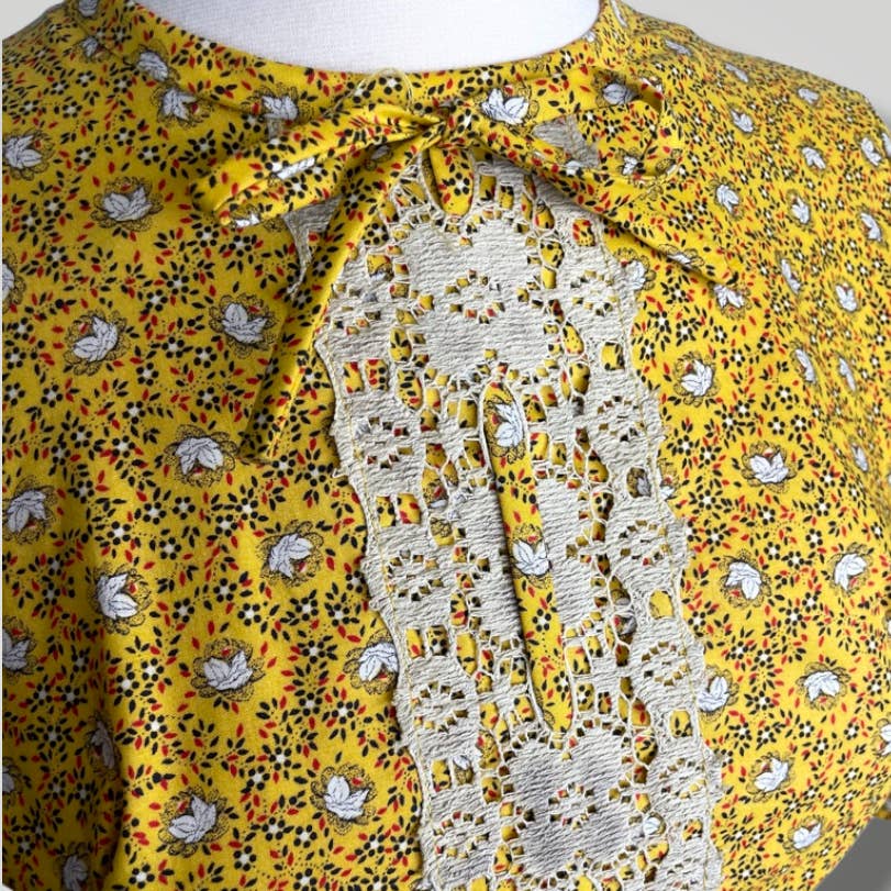 Vintage Dress 1960s Frill Sleeve Kaftan Gold Yellow Maxi Floral Cotton A1013