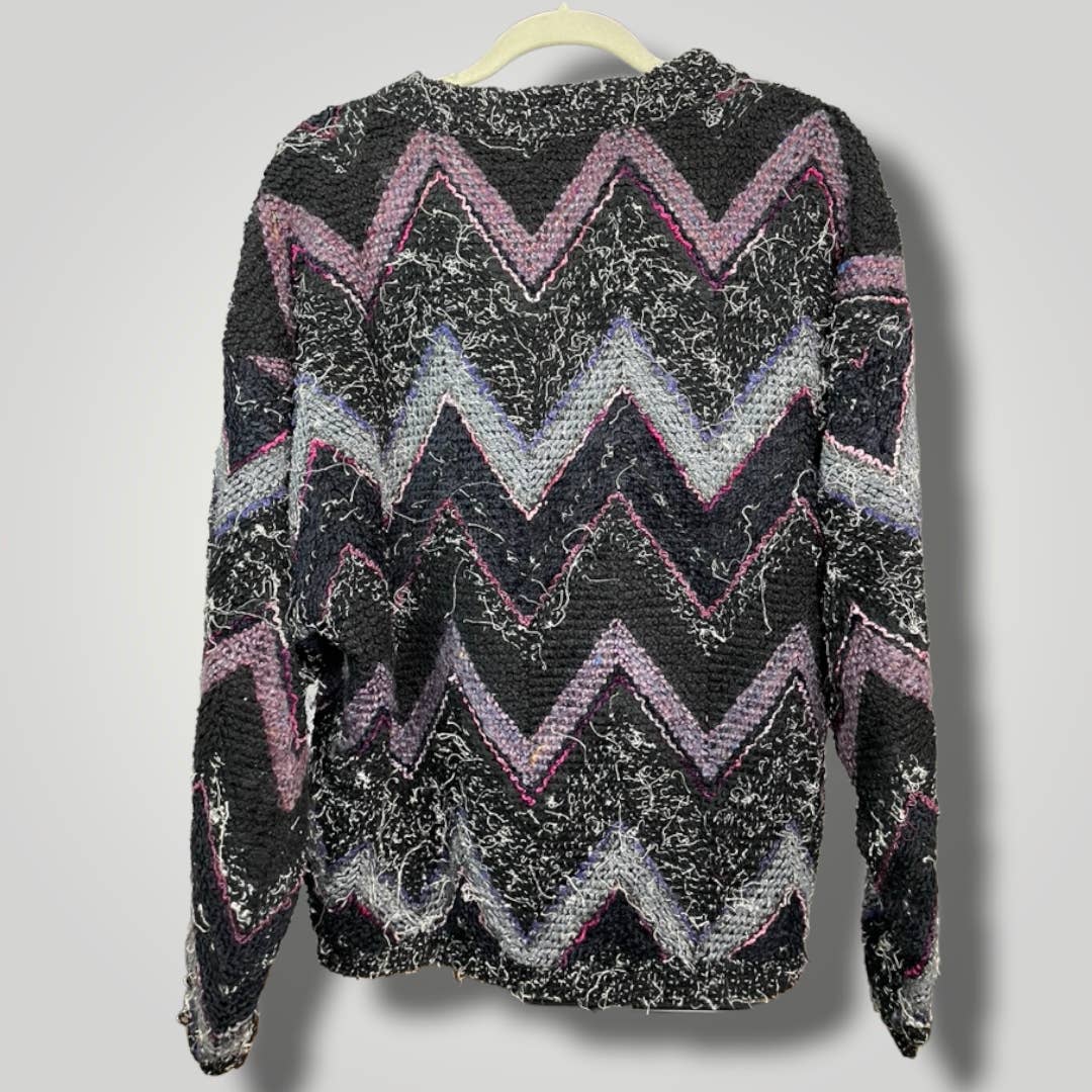 Vintage 80s Textured Zig Zag Black Pink Chenille Rodger Thornton L B1019