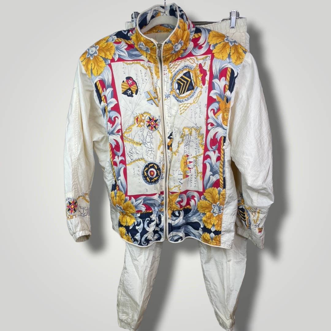Vintage 90s East West Windbreaker Set Jacket Compass Rope Map White Pants B1014