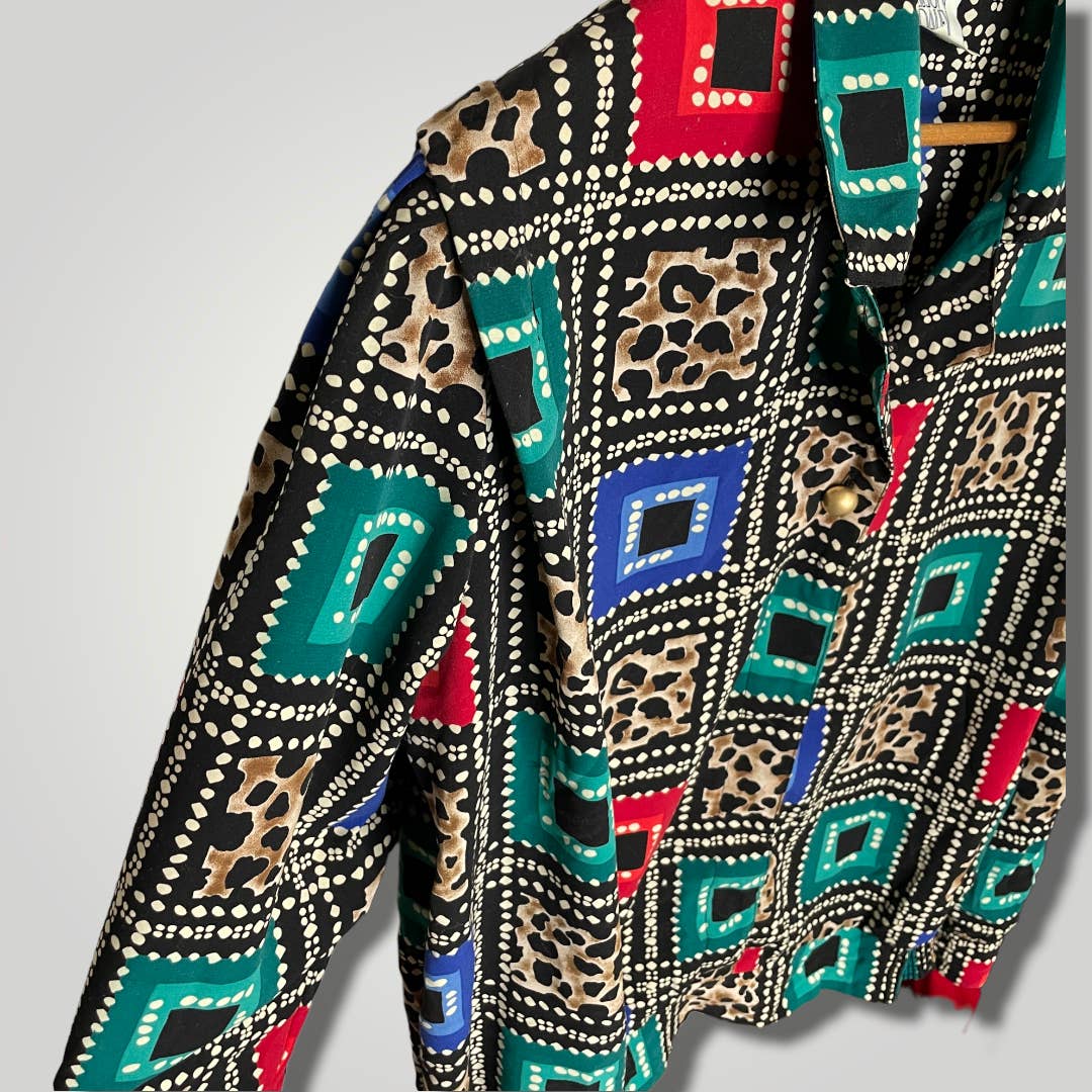 Vintage 1990s Geometric Animal Print Top Blouse Print Large Red Teal b123