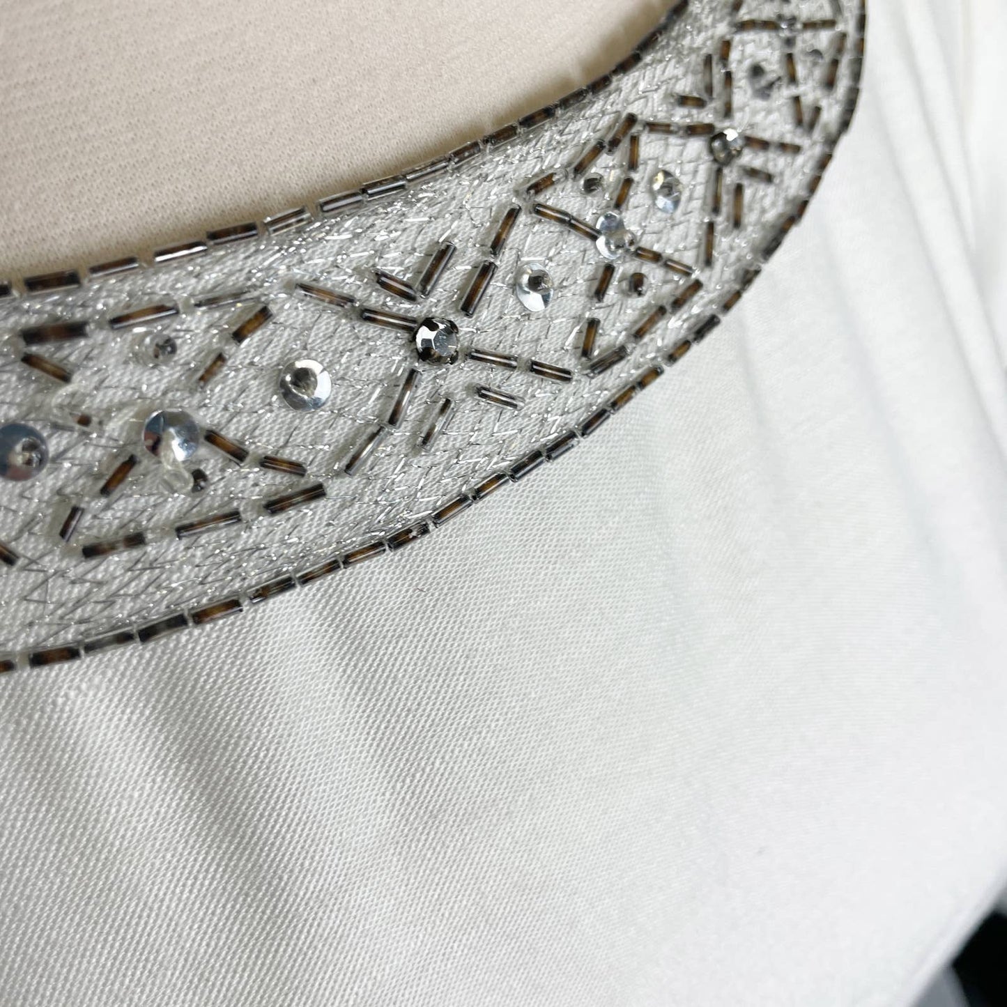 Vintage R & K Originals 1960s Dress Ivory Beaded Collar Knee Length M/L a1004