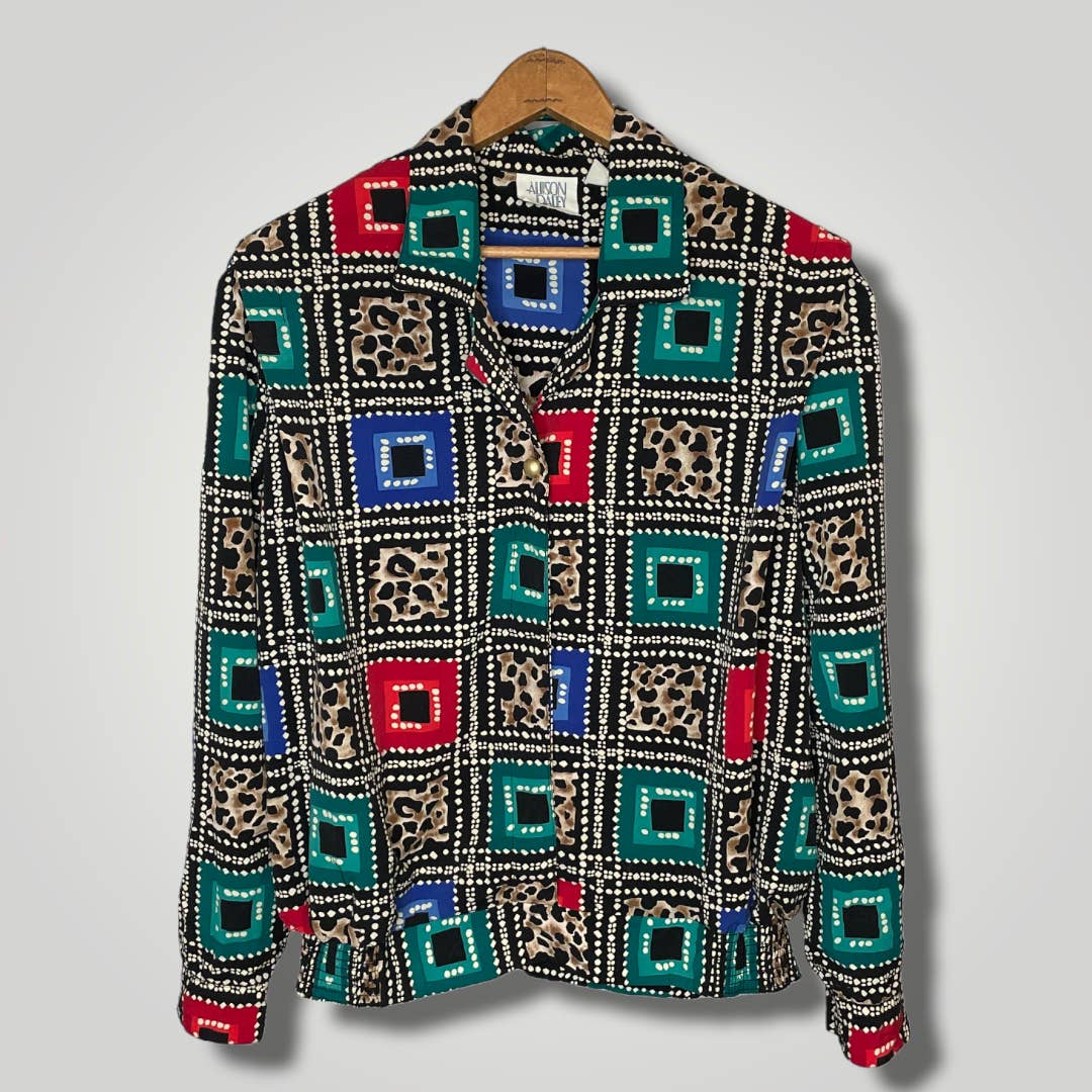 Vintage 1990s Geometric Animal Print Top Blouse Print Large Red Teal b123