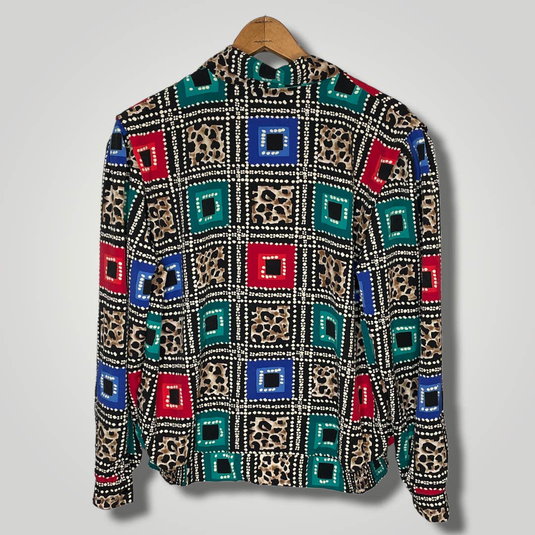 Vintage 1990s Geometric Animal Print Top Blouse Print Large Red Teal b123