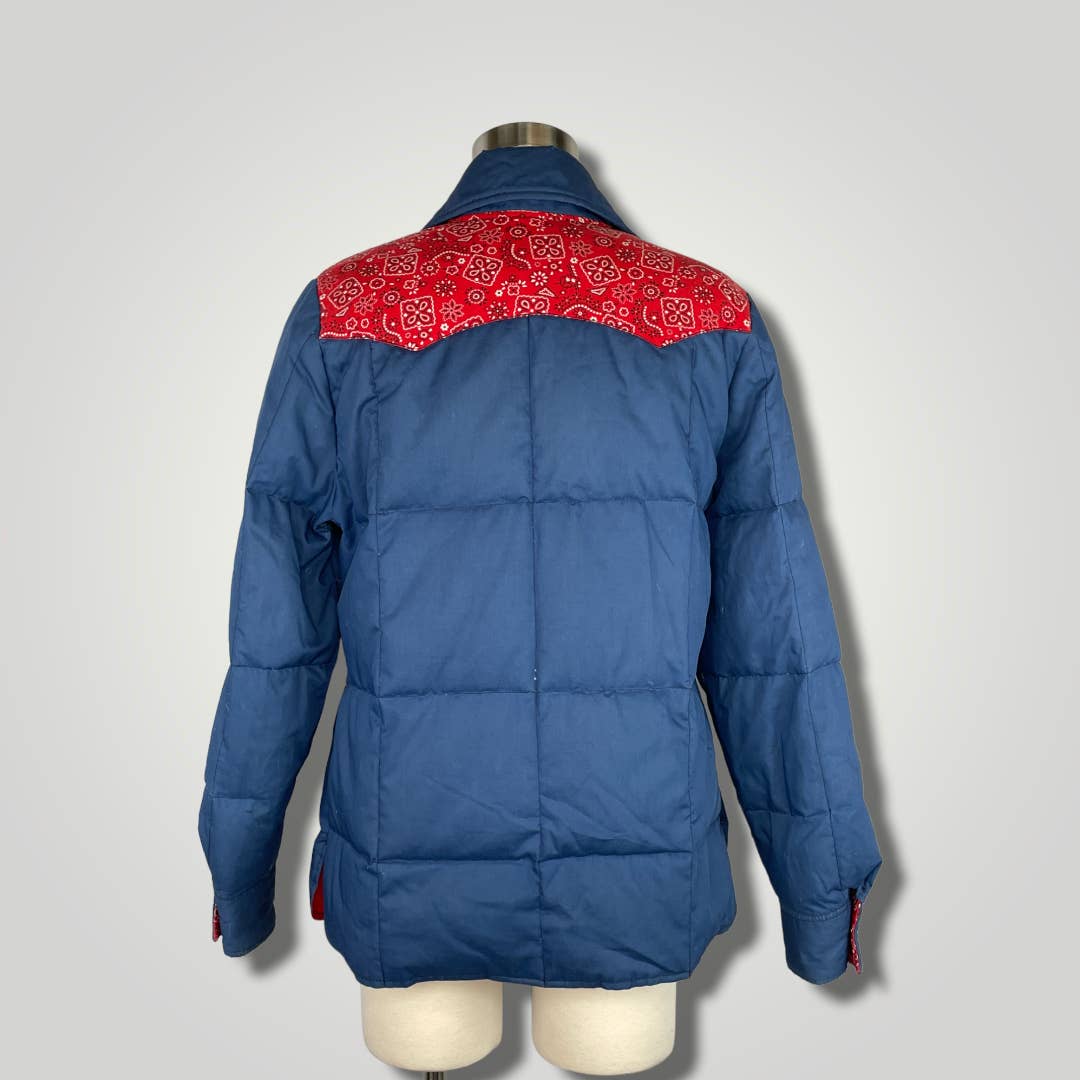 Vintage 1980s Blue Red Bandana Coat Down Puffer Dagger Collar Snap Vtg tjc110