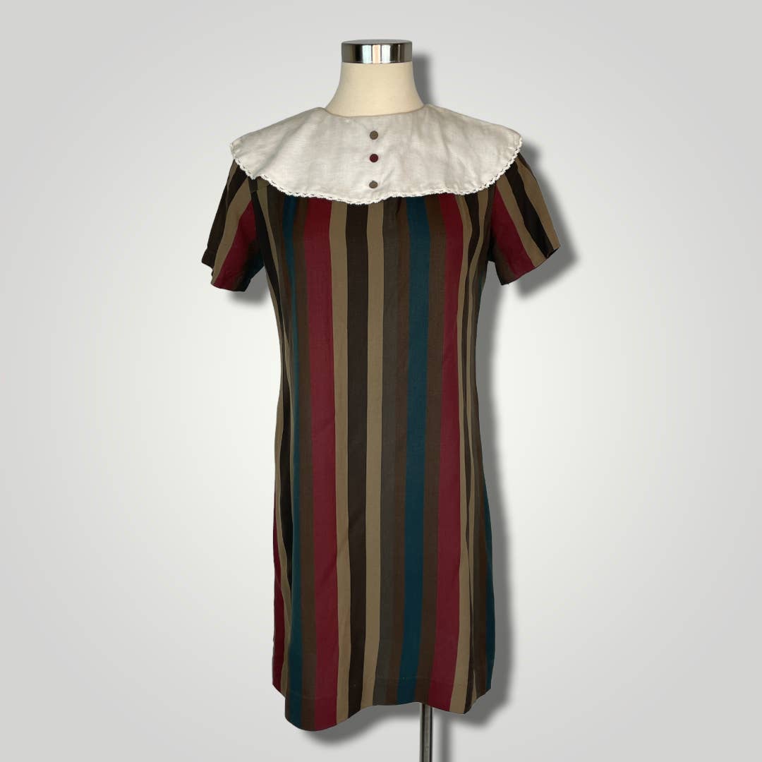 Vintage 1960s Bertha Collar Dress Striped Mini Shift Dress Dark Academ