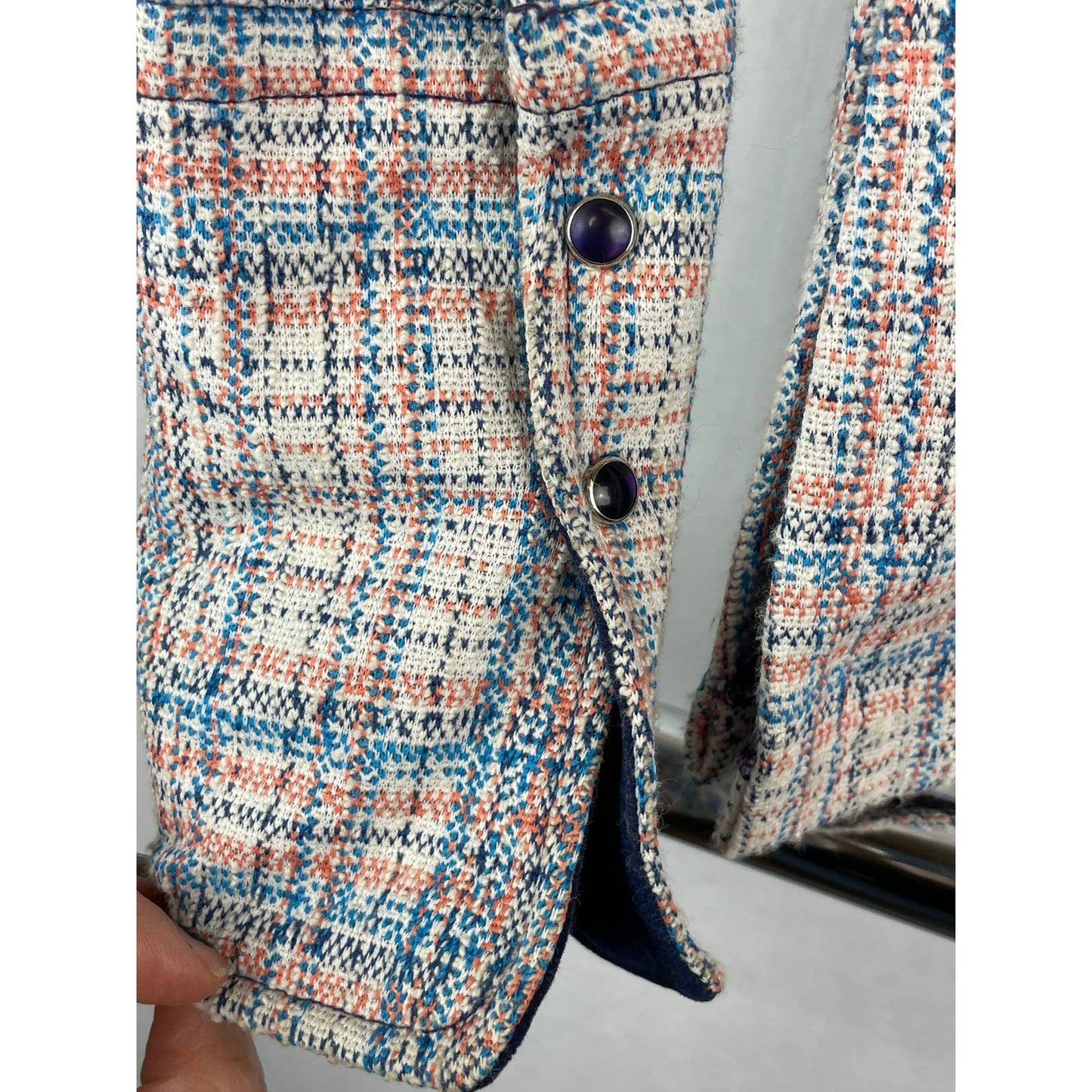 Vintage Poly Cotton Knit Western Pearl Snap Shacket Blue Velvet Suede B118