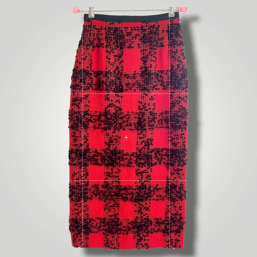 Vintage Handmade 1960s Wool Skirt Red Black Buffalo Check Textured Maxi Pencil