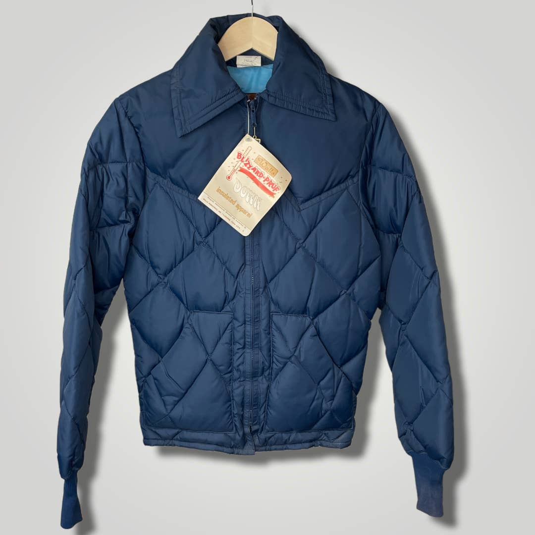 Vintage 1980s Deadstock NOS Down Jacket Walls Blizzard Pruf Blue R110 Quilted