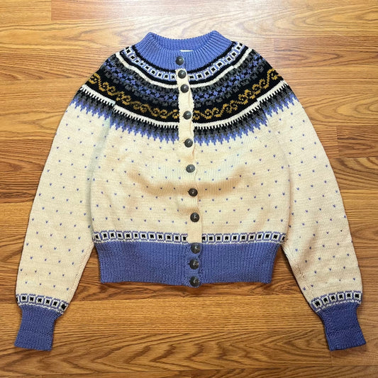 Vintage 1980s Handmade Fair Isle Wool Cardigan Sweater Blue Cream Women S Cottagecore