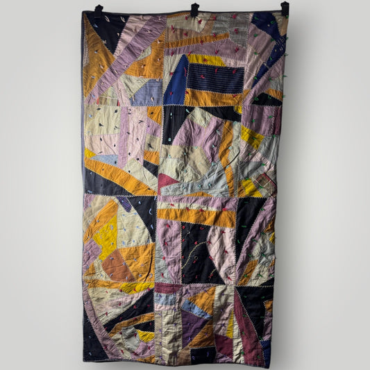 Vtg 1930s 1940s Crazy Quilt Handmade Initialed Tieback Multicolor 64”x71”