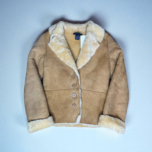 Vintage Sheepskin Shearling Single Breasted Short Coat Brown Tan Women's Small