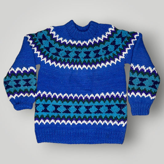Vintage Handmade Sweater 100% Wool Handknit Ecuador Bright Blue Men's Large