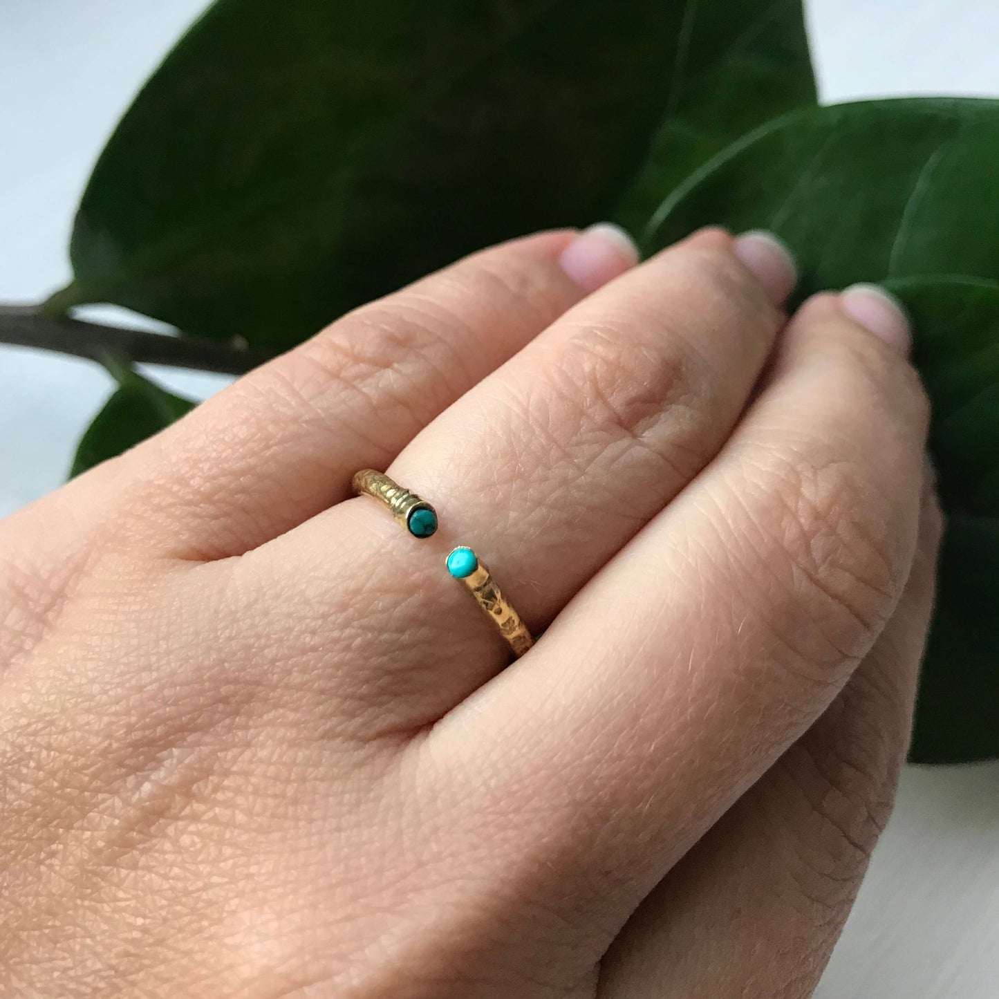 Textured Brass Ring with Double Faceted Stones