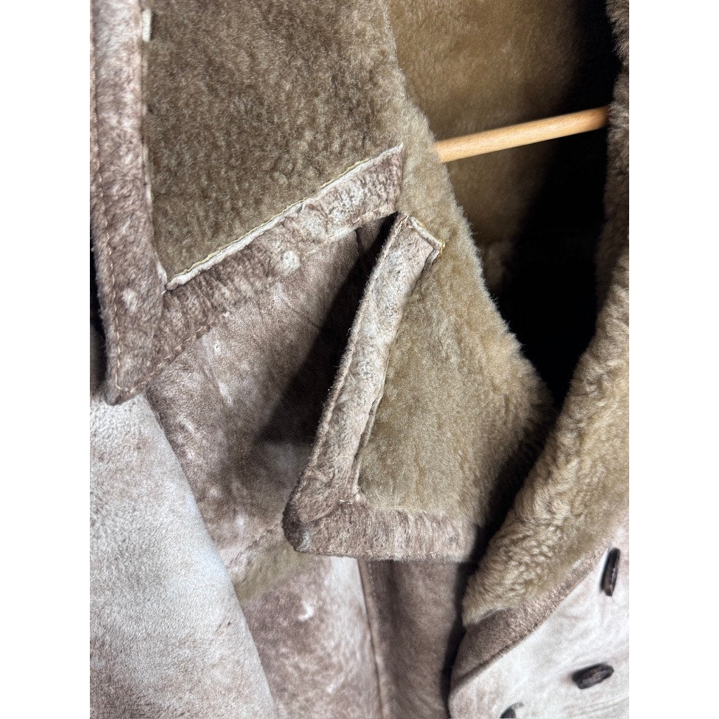 Vintage Lakeland Sheepskin Shearling Coat Double Breasted Antler Buttons Large