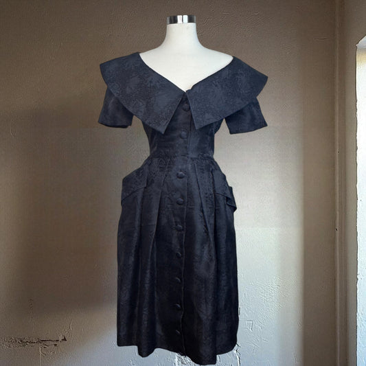 Vintage Dress 1990s Oscar De La Renta Collared Brocade Button Front Black Midi M