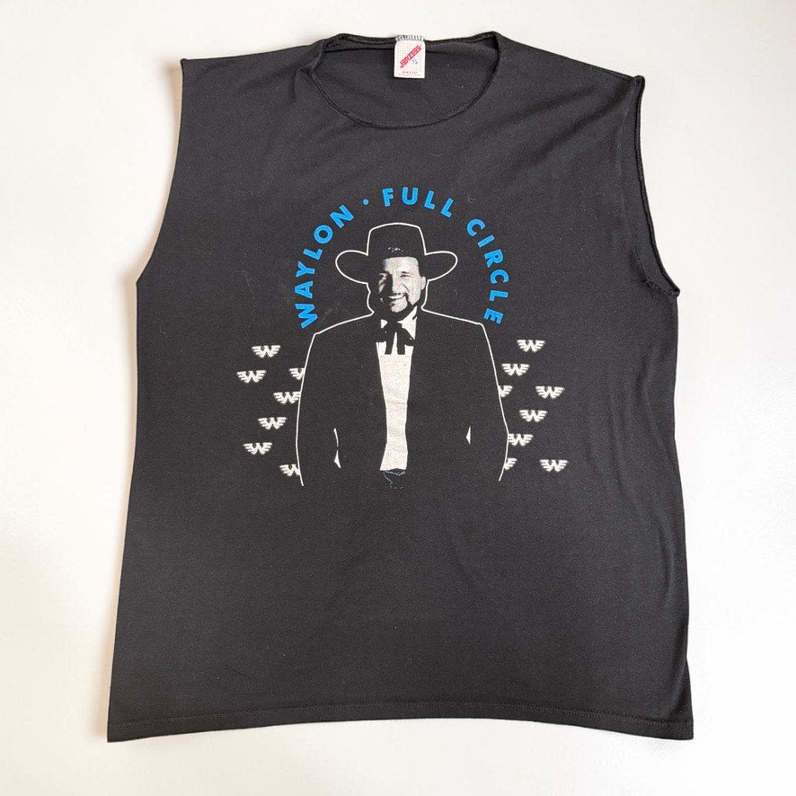 Vintage Top Waylon Jennings Full Circle Cutoff T-shirt Black Blue Jerzees