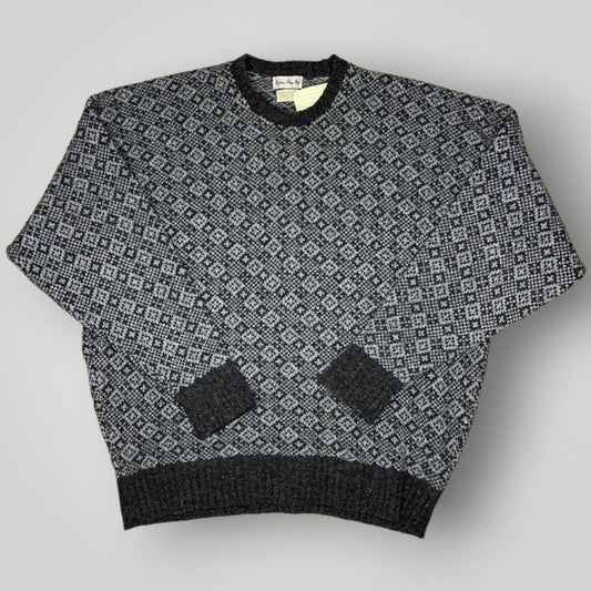 Vintage London Shop Shetland Wool Sweater Diamond Pattern Gray Crewneck XL