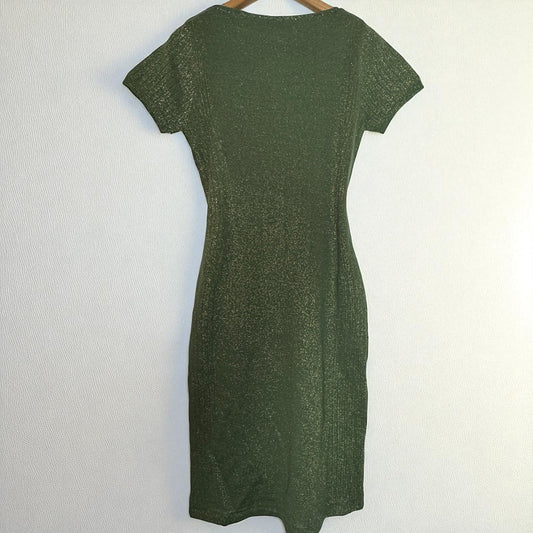Vintage Dress Luisa Spagnoli Green Wool Lurex Metallic Gold Wiggle Knee Small