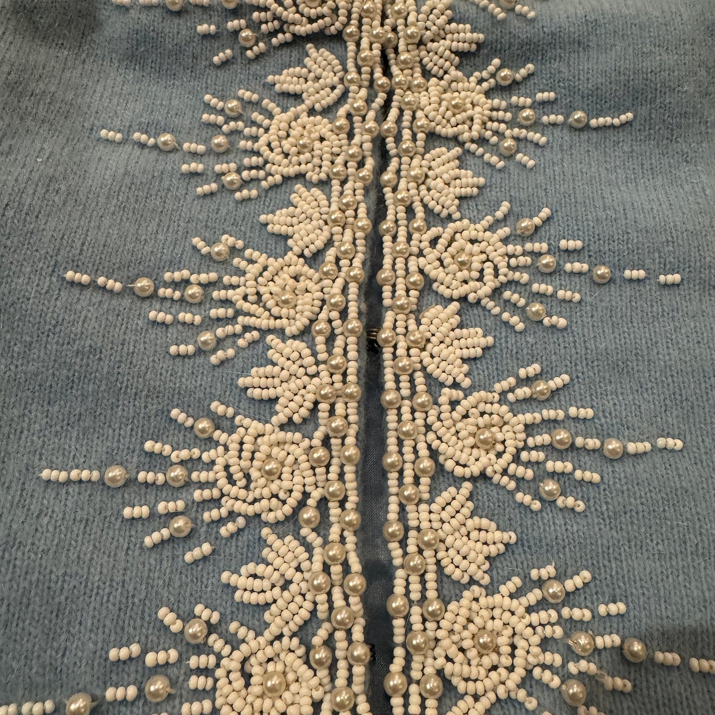 Vtg 1960s Blue Beaded Pearl Cardi Floral Sweater Ivory Angora Wool Blend Lined