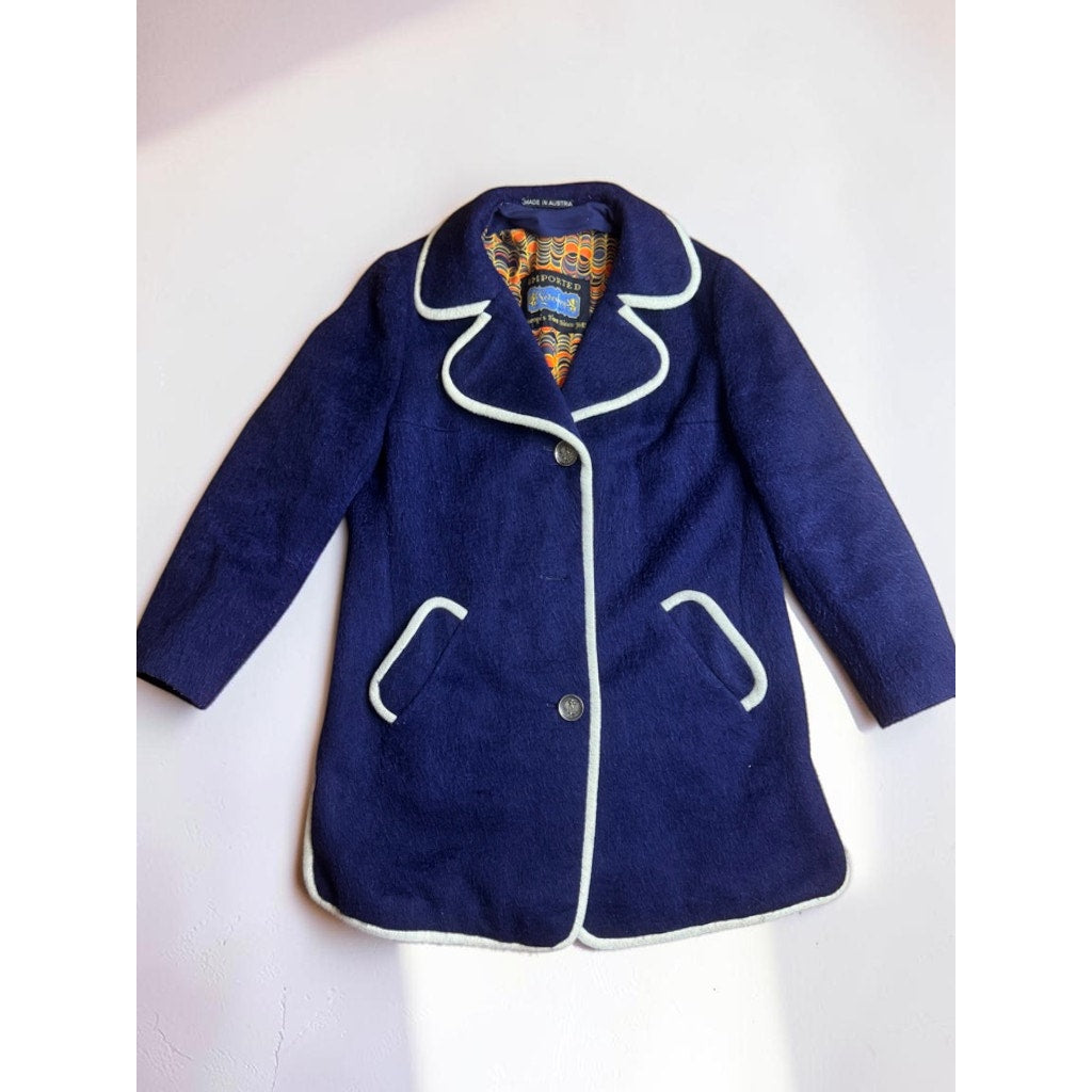Vintage 1970s Lodenfrey Navy Blue White Piping Austria Wool Jacket Retro M