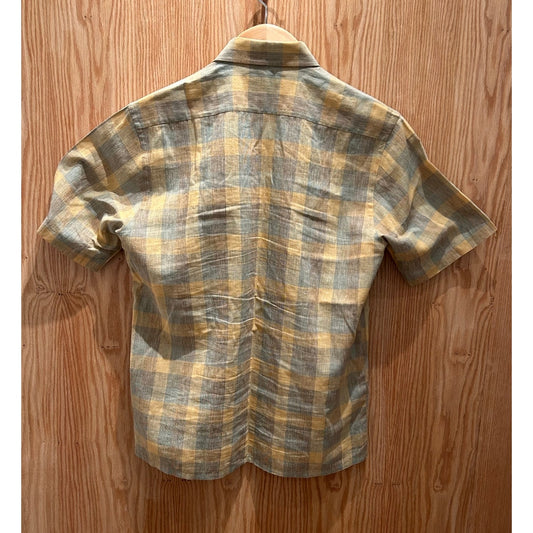 Joseph Abboud Blue Yellow Plaid Short Sleeve Men's Medium Linen Blend