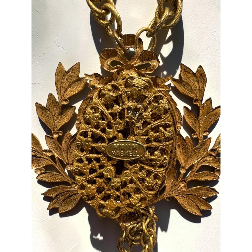Vintage Miriam Haskell 18" Gold Tone Chain Necklace Laurel Leaf Bead Tassels