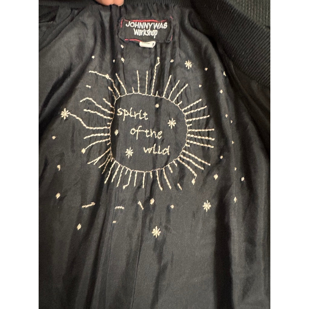 Johnny Was Workshop Satin Silk Bomber Jacket Embridered Animals XS Oversized