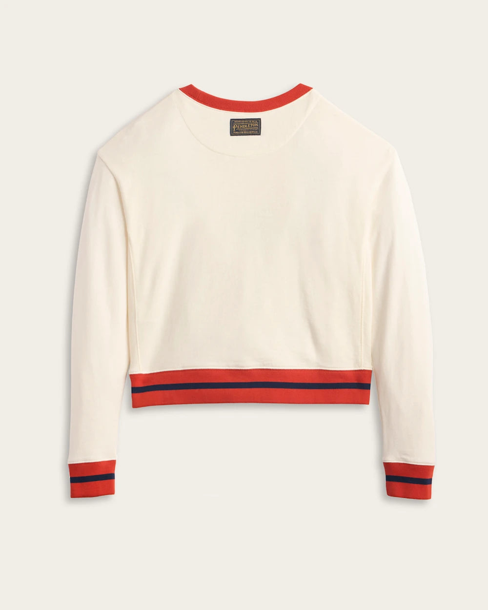 White sweater with red and blue stripes on a white background