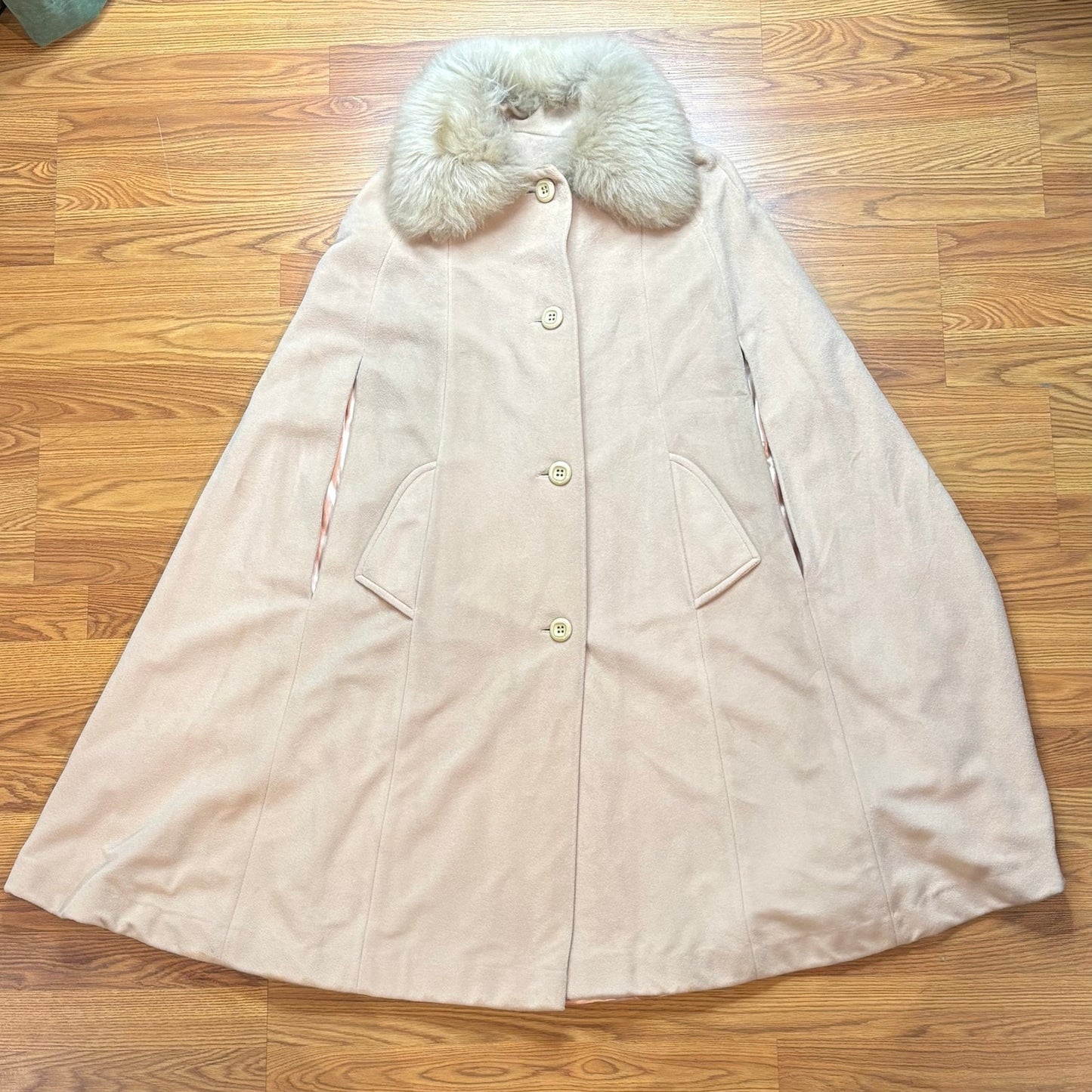 Vintage 1960s Cashmiracle Cape with Faux Fur Collar Beige Tan