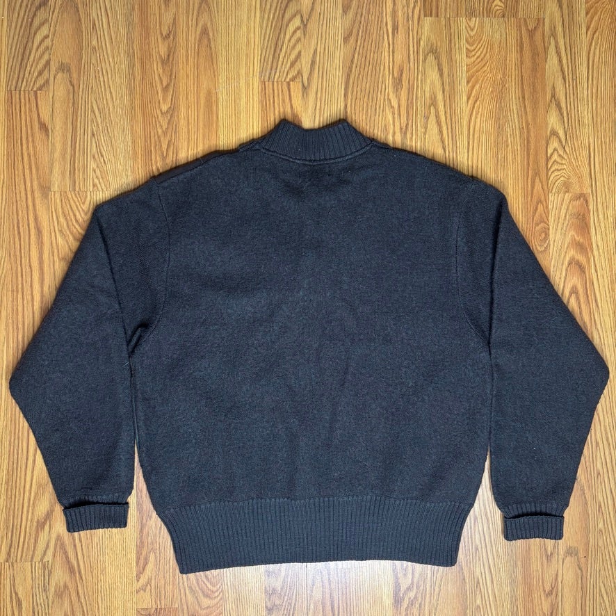 Vintage Woolrich Henley Sweater Green Brown Leather Buttons Suede Shoulder L