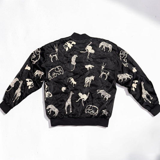 Johnny Was Workshop Satin Silk Bomber Jacket Embridered Animals XS Oversized